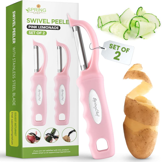 Spring Chef Premium Swivel Vegetable Peeler, Soft Grip Handle and Ultra Sharp Stainless Steel Blades - Perfect Kitchen Peeler For Veggie, Fruit, Potato, Carrot, Apple - Pink Lemonade - Set of 2