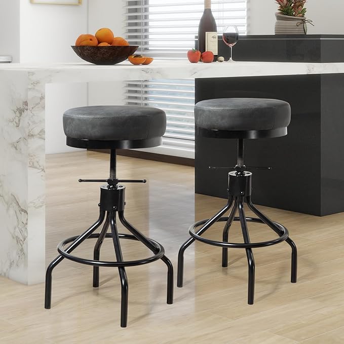 Swivel Bar Stools Adjustable Industrial Barstools Metal Modern PU Leather 28inch Round Backless Counter Height Stool Bar Chair for Kitchen Island (1, Grey)