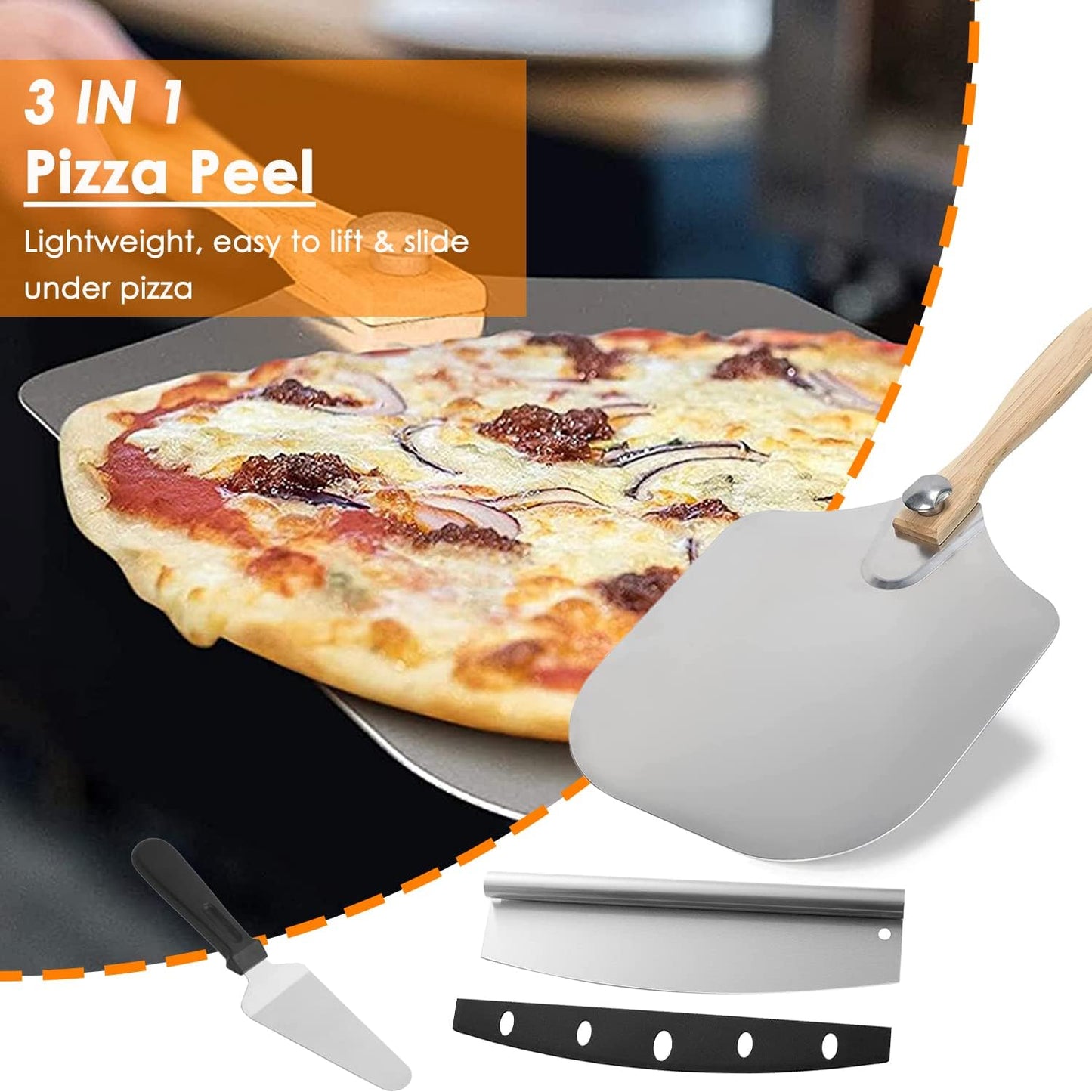 Pizza Peel 12 x 14 Inch, Aluminum Metal Pizza Paddle, Pizza Spatula with Foldable Wooden Handle, Easy Storage, Pizza Spatula Paddle, Pizza Oven Accessories, Pizza Cutter & Pizza Shovel Included