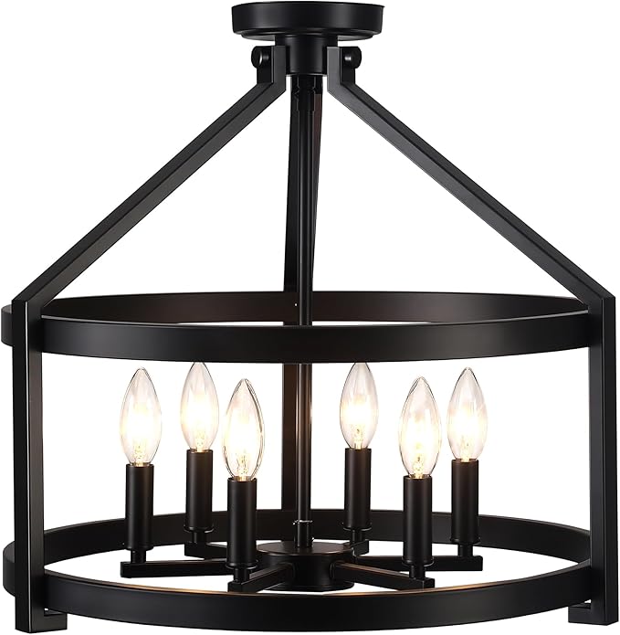 6-Light Black Farmhouse Chandelier for Dining Room,20" Modern Hanging Pendant Lighting for Kitchen Island,Rustic Semi Flush Mount Ceiling Light Fixture Drum Chandeliers for Foyer Kitchen Entryway