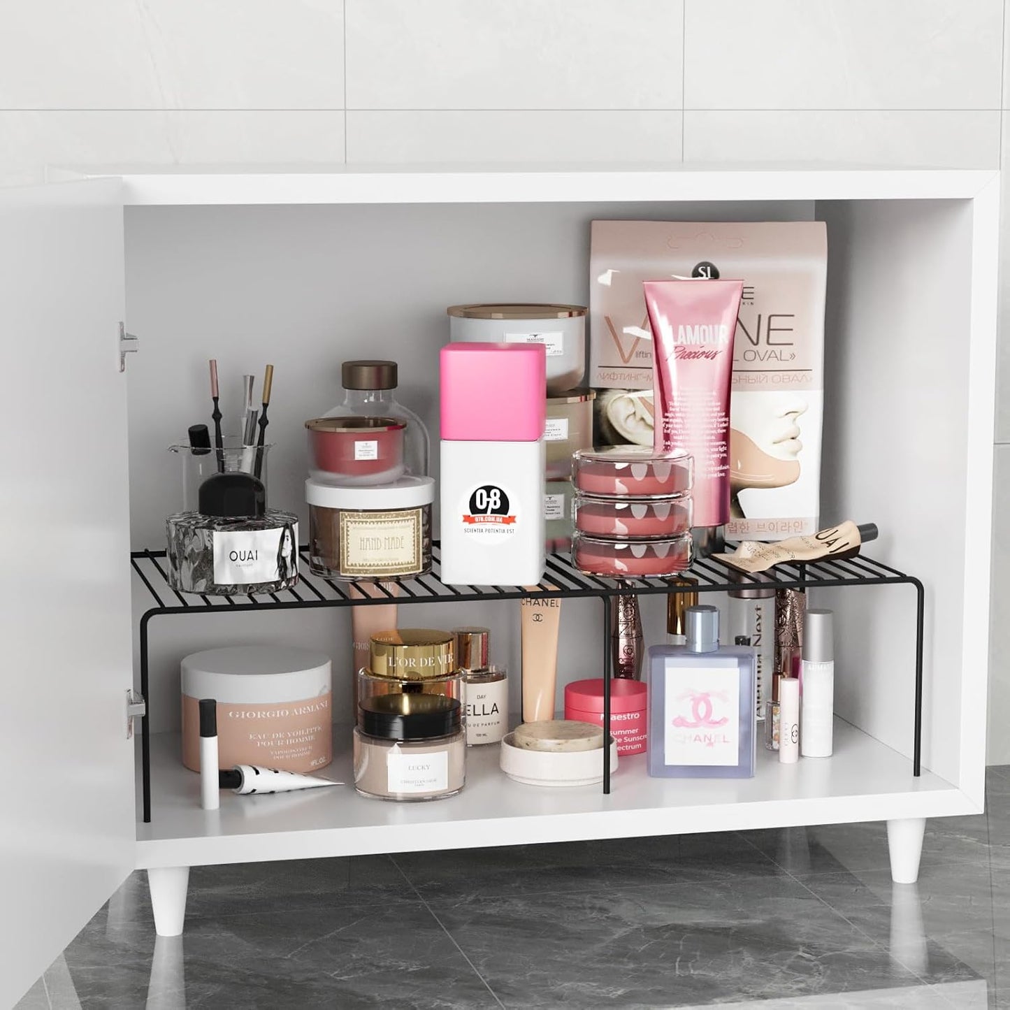 Expandable Storage Shelf, Pantry Organizers and Storage, Adjustable Rustproof Metal Wire Spice Rack, Space Saver Kitchen Storage Shelves for Pan, Pot, Countertop, Drawer, Fridge, Set of 4, Black