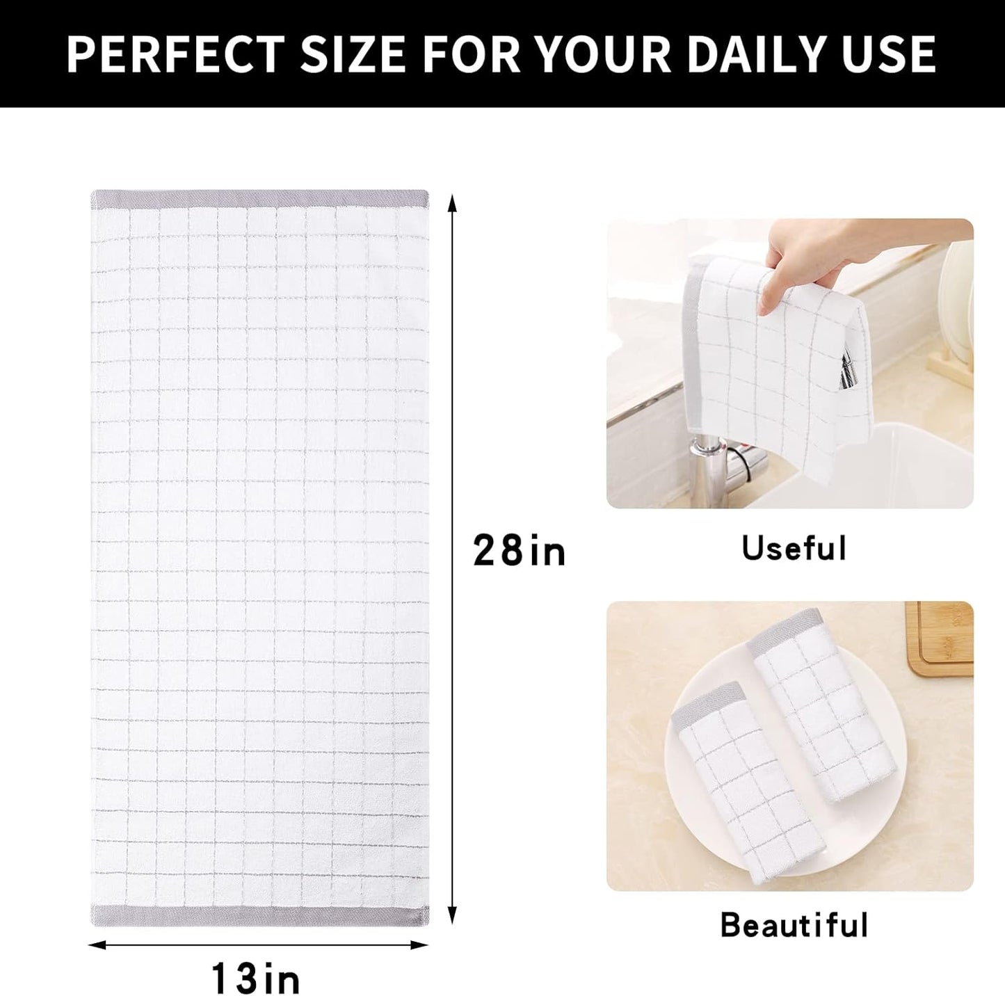 Homaxy 100% Cotton Terry Kitchen Towels(White, 13 x 28 inches), Checkered Designed, Soft and Super Absorbent Dish Towels, 4 Pack