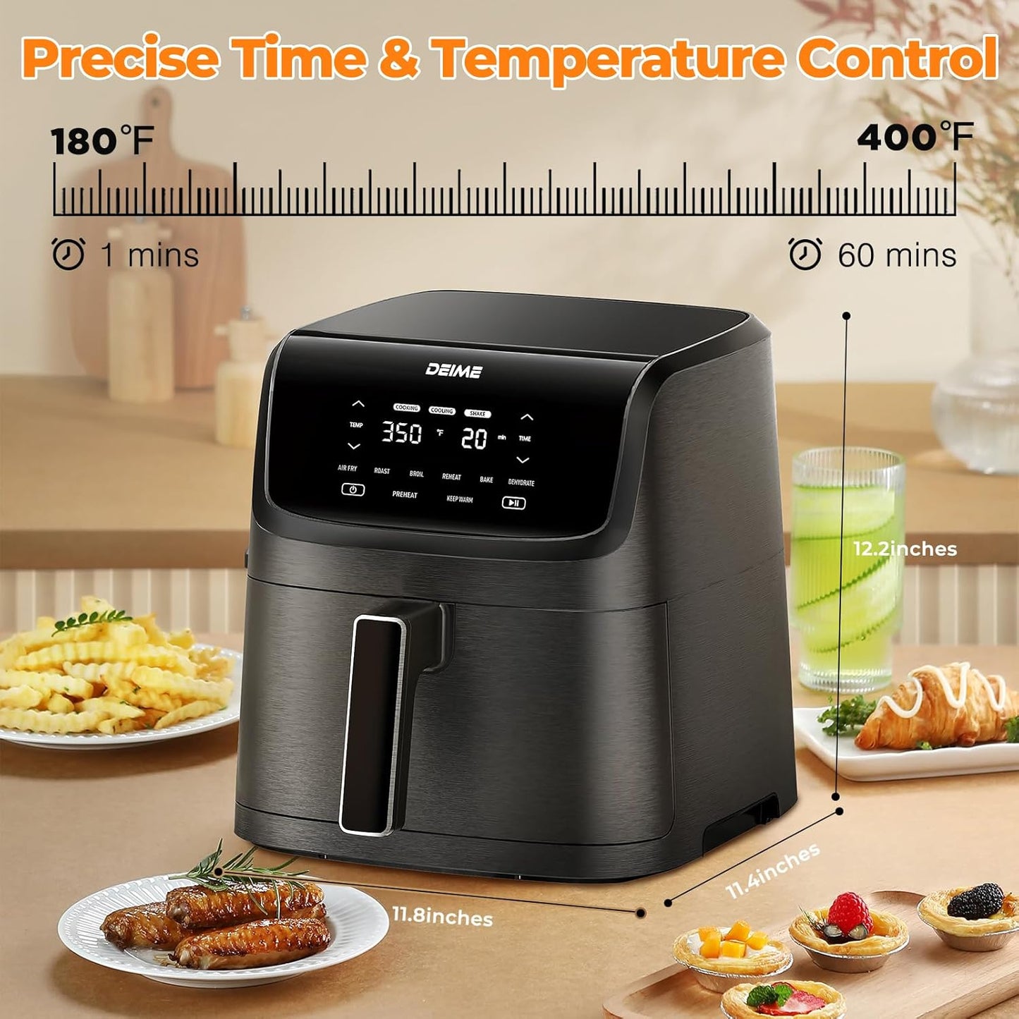 DEIME Air Fryer 7.2 QT 1700W Oilless Oven Healthy Cooker Air Fryers Large Capacity with 8 Presets, Visible Cooking Window, LCD Touch Screen, Customerizable Cooking, Non-Stick Basket (Black)