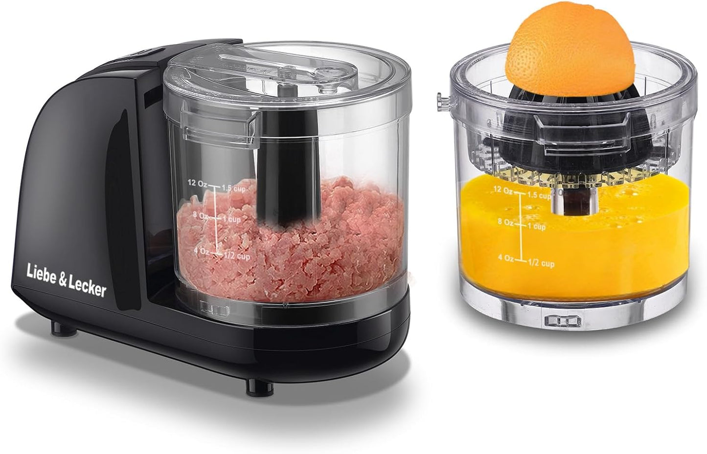 Liebe&Lecker 2 In 1 Mini Food Processor, 1.5 Cup Mini Chopper and Citrus Juicer for Cutting Vegetable, Meat and Squeezing Orange Juice