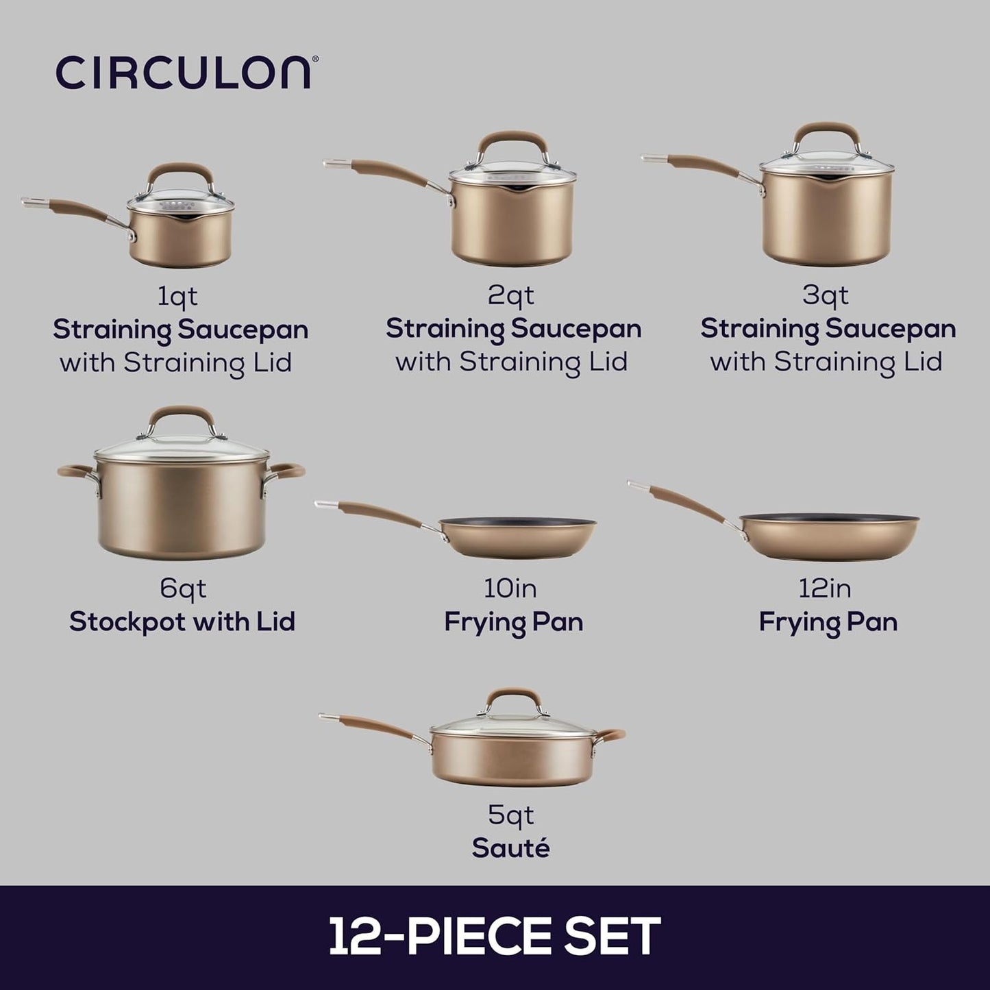Circulon Premier Professional Hard Anodized Nonstick Cookware Induction Pots and Pans Set, 12 Piece, Bronze