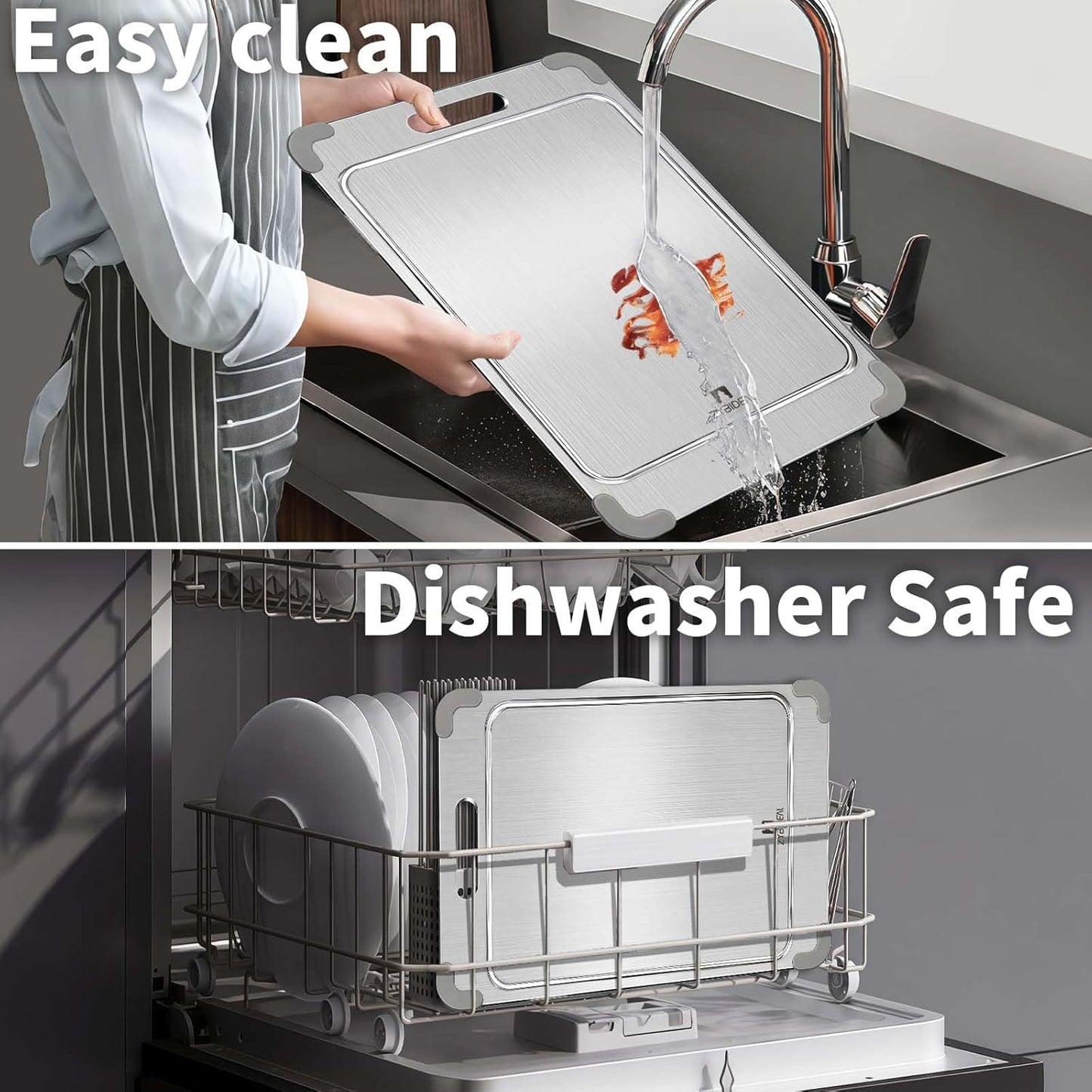 3Pcs 100% Pure Titanium Cutting Board with Grooves, Update Double Side Titanium Chopping Board, Silicone Anti-slip Stainless Cutting Boards Set for Kitchen, Grey