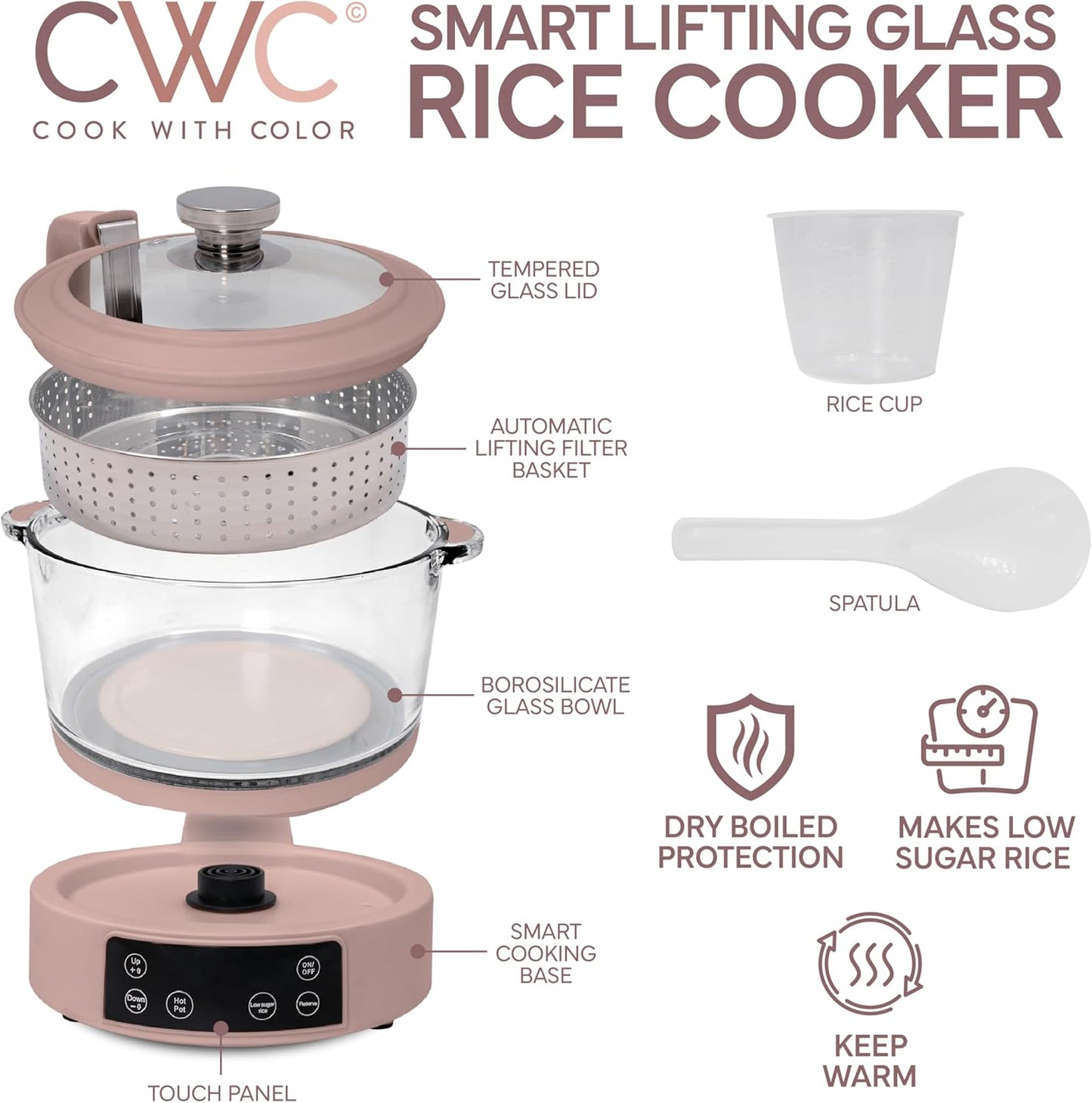 COOK WITH COLOR 3L Glass Low Carb Rice Cooker - Makes 6 Cups Low Sugar Rice with Auto Lift Filter Basket, Hotpot & Steamer for Rice, Grains and Oats, Digital Panel with Keep Warm Function, Blush