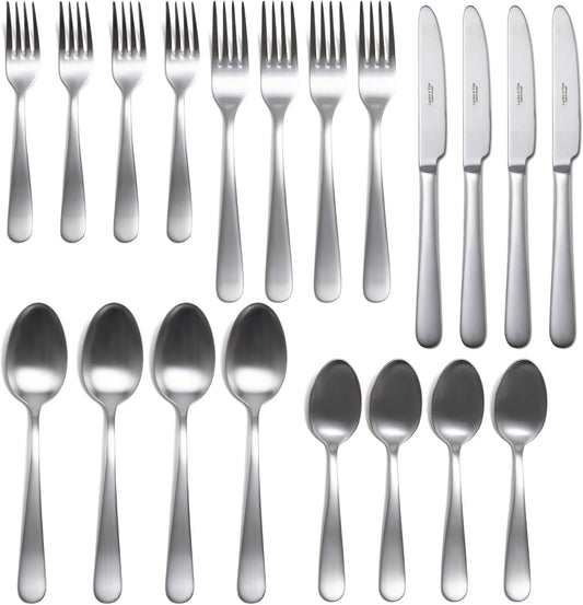 Signature Stainless Steel Flatware 20-Piece Set - Service for 4, Premium Stainless Steel with Weighted Handles, Dishwasher Safe, Everyday or Special Occasion Cutlery (Satin Finish)