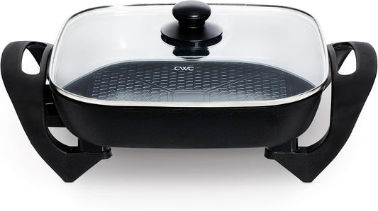 COOK WITH COLOR Electric Skillet - 12" x 12" Ceramic Nonstick Pan, PFAS-Free, 1400W, Tempered Glass Lid, Variable Temperature, Removable Heating Probe, Cool-Touch Handles, Black