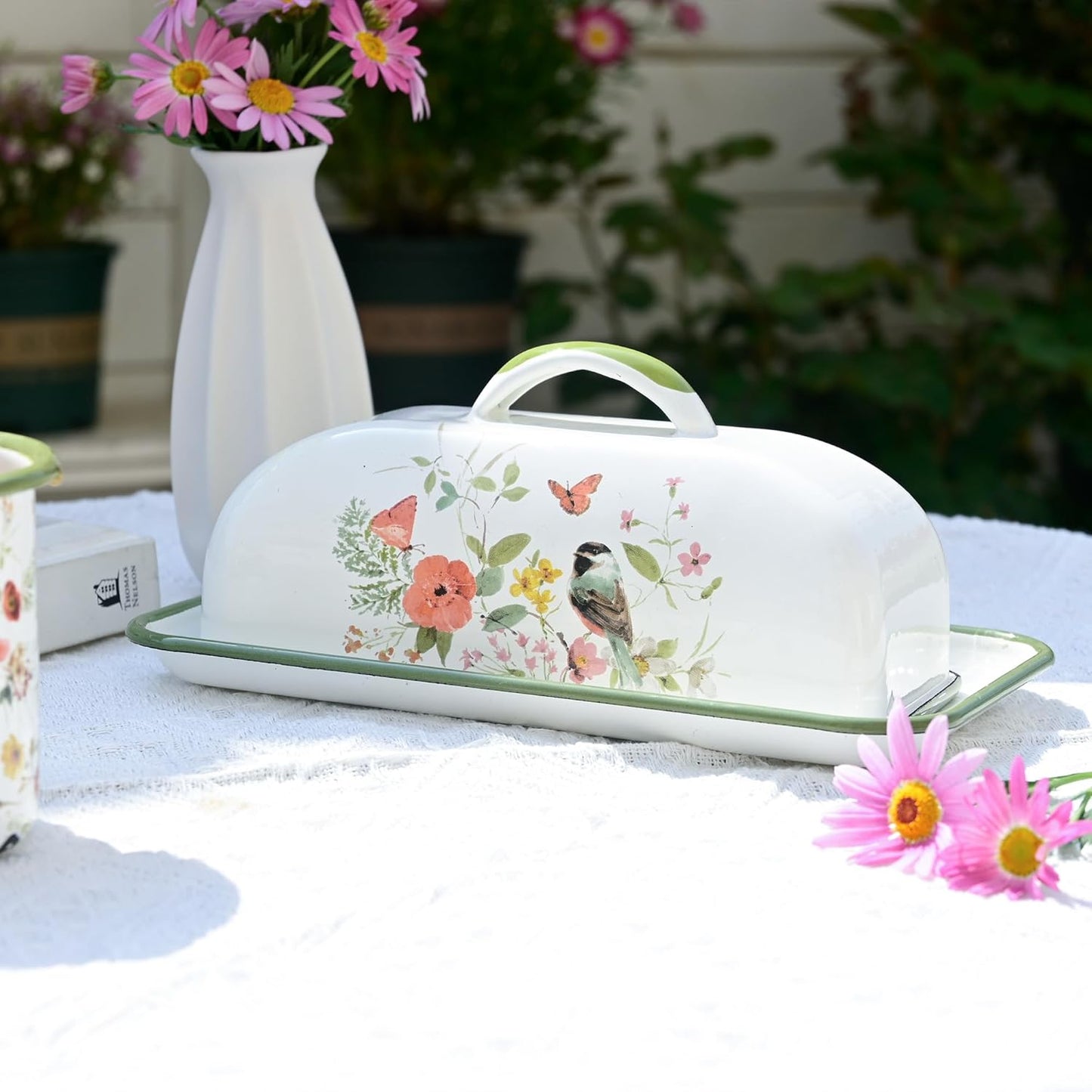 Enamel Butter Dish with Lid Vintage Enamelware Butter Keeper with Flower and Bird Patterns Farmhouse Butter Container Butter holder for Countertop Kitchen Decor