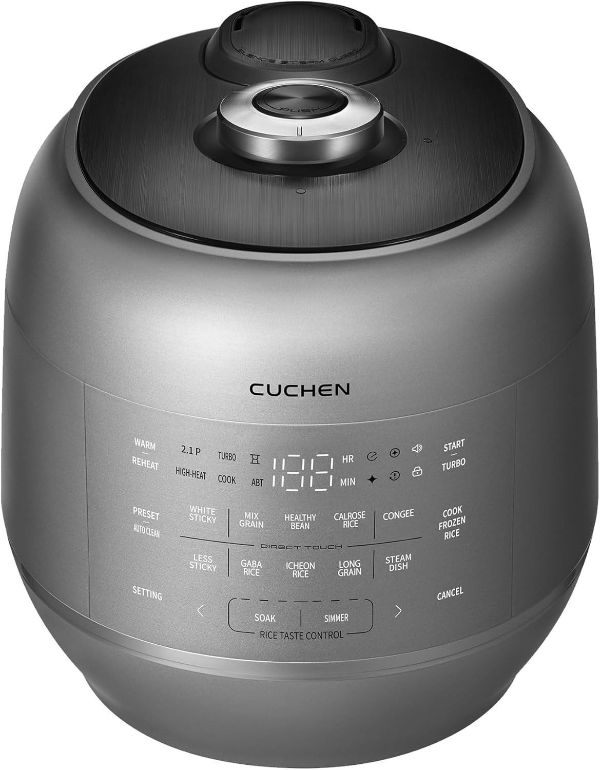 CRT-RPK0641MUS | 2.1 Ultra High-Pressure Induction Heating Rice Cooker 6 Cup (Uncooked) (1.14 quarts): 6 person serving / per use| Full Stainless Power Lock System | Auto Steam Clean | Voice Guide | Made in Korea | Dark Silver