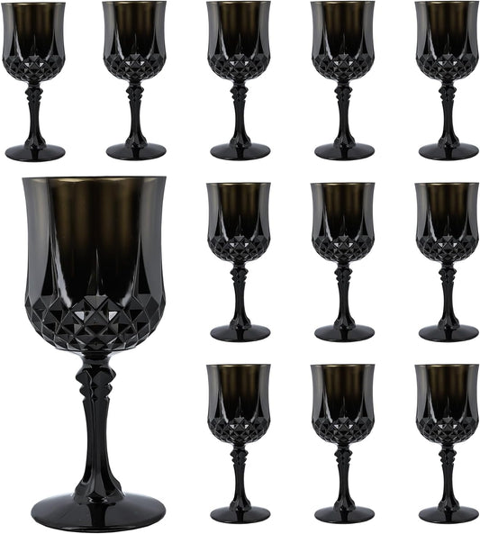 Plastic Wine Glasses，Plastic Goblets Vintage Style Cordial Drinking Glasses for Wedding Reception, Grand Event Party Supplies (12, Black)