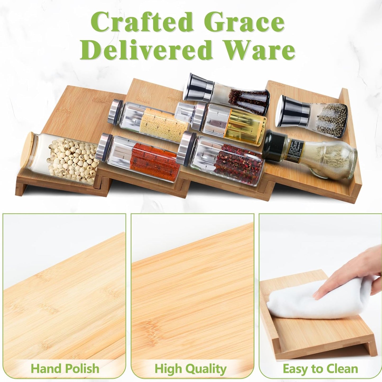 Bamboo Spice Drawer Organizer, 4 Tier Stackable Spice Rack for Cabinet, Seasoning Storage Organization，13'' Wide