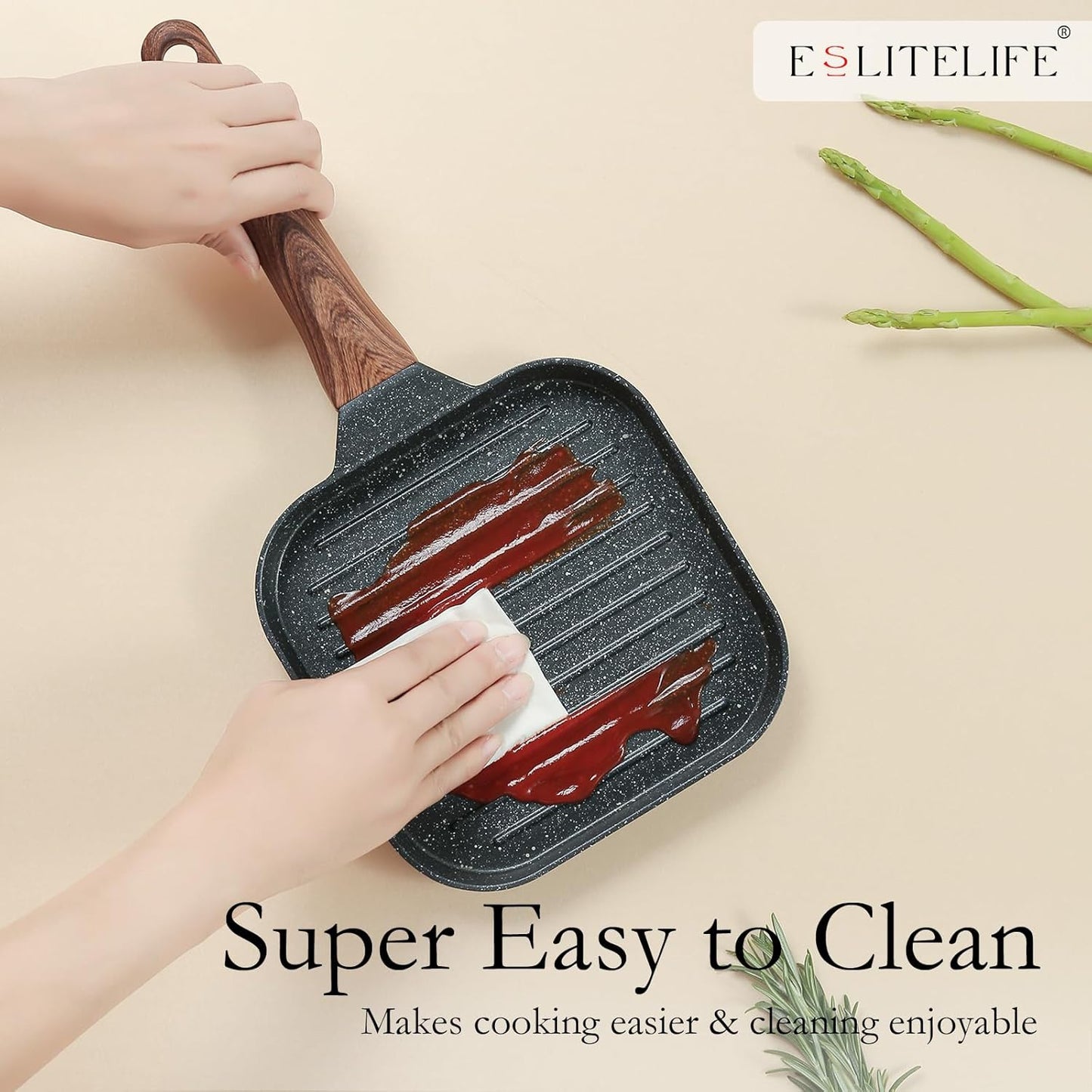 ESLITE LIFE 7 Inch Nonstick Small Grill Pan for Indoor Cooking, Versatile Induction Square Grilling Skillet Steak Pan for Stove Tops, PTFE & PFOA Free, Black