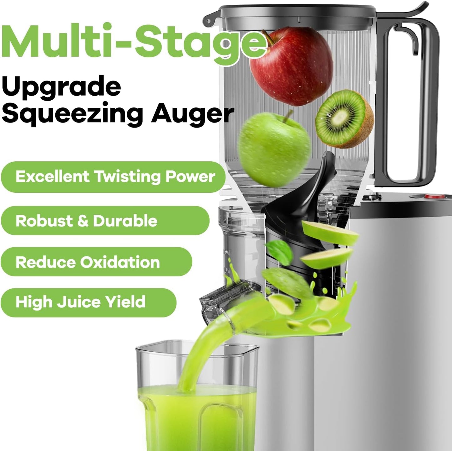 Cold Press Juicer, 5.3" Wide Feed Chute Juice Extractor Machine with 400W, High Juice Yield, Slow Masticating Juicer for Whole Vegetables & Fruits, Metallic Silver
