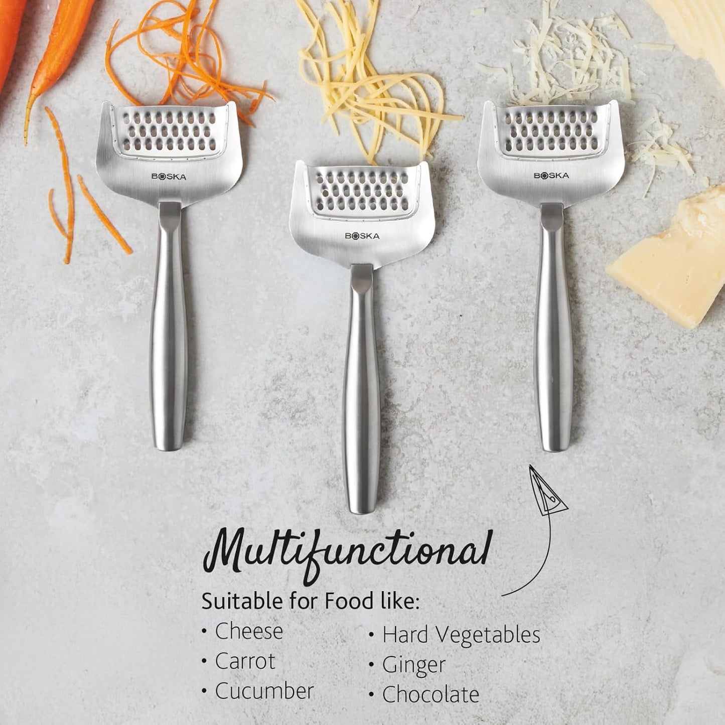Boska Stainless Steel Grater - Cheese Grater Copenhagen Best for Hard Cheese, Citrus, and Vegetables - Multifunctional Rust-Proof Shredder - Manual Handheld - 10 Year Warranty