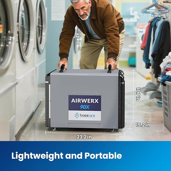 BaseAire AirWerx90X Energy Star Dehumidifier for Crawl Space Basement, 198 Pints Commercial Dehumidifier with Pump, 5 Years Warranty, Intelligent Humidity Control, Auto Shut off/Restart
