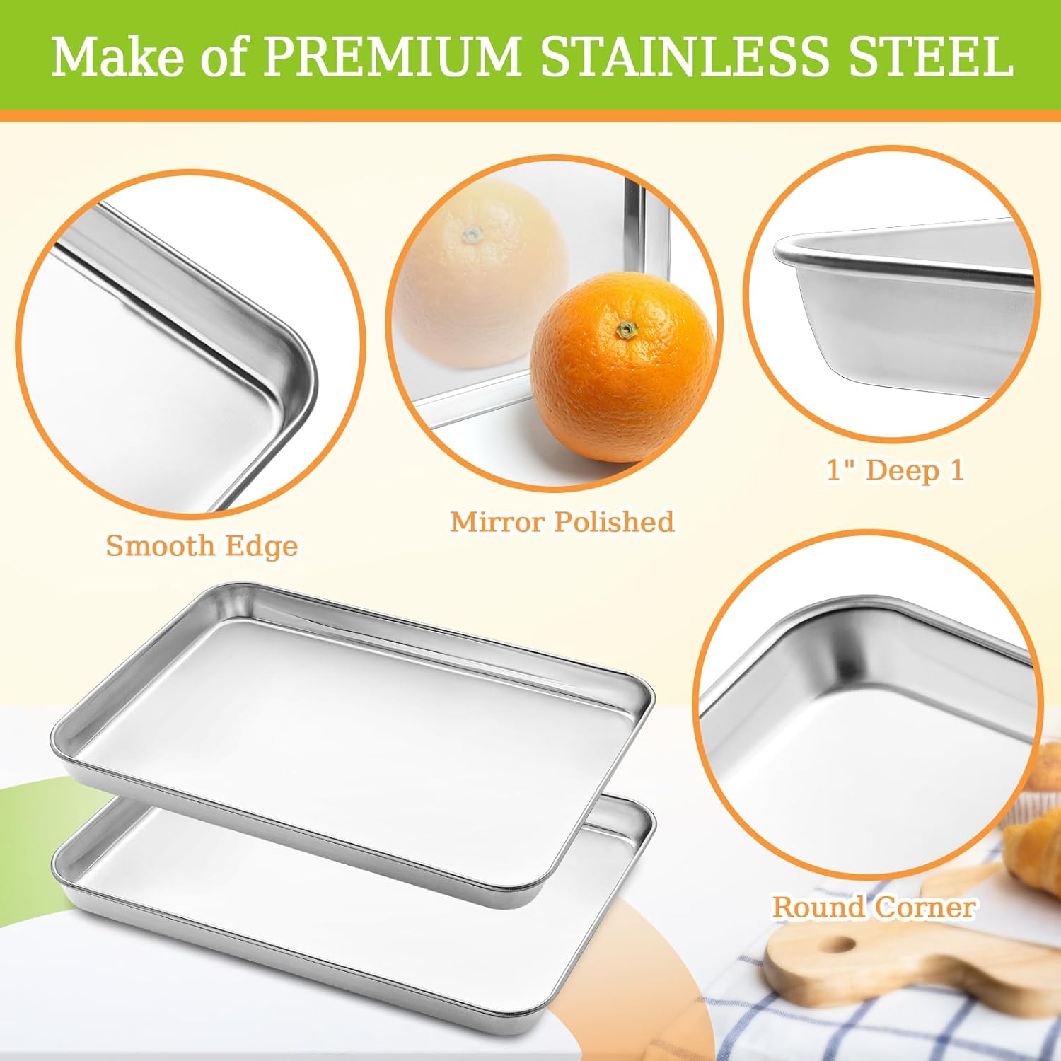 CEKEE Stainless Steel Baking Sheet Set of 4, Large Baking Pan & Cookie Sheet & Baking Tray for Oven, Half Sheet Pan, Size 18 x 13 x 1 inch, Heavy Duty & Mirror Finish & Easy Clean - Thumbnail 2
