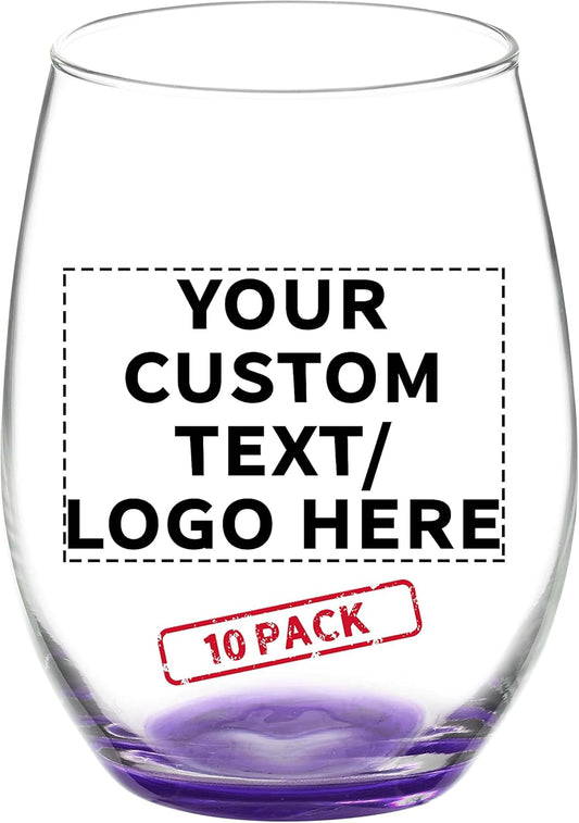 DISCOUNT PROMOS 10 ARC Stemless Wine Glasses Set, 21 oz. - Customizable Text, Logo - Chardonnay, Cabernet, Merlot, Sauvignon - Purple