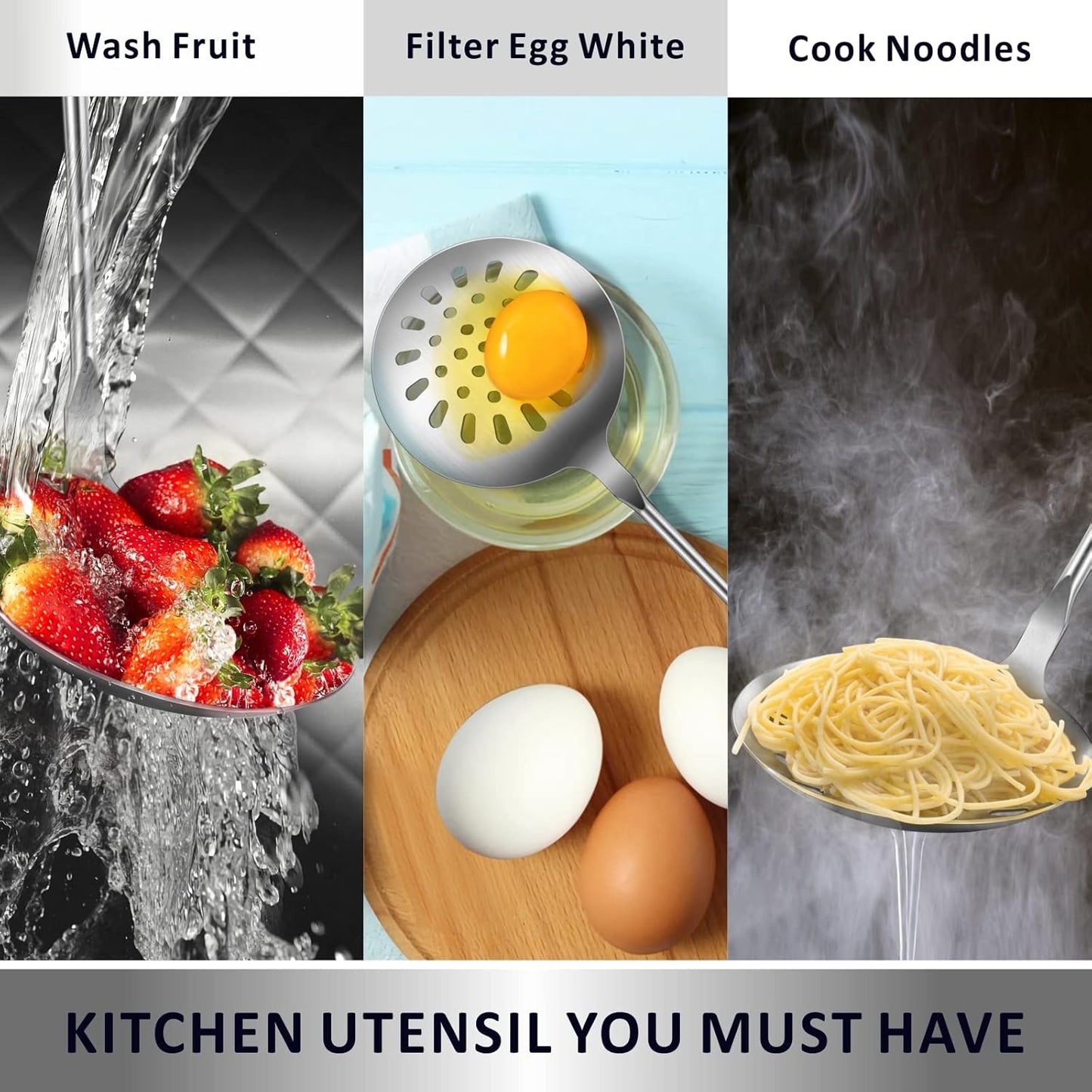 Yimi Cooking Skimmer Slotted Spoon, Durable 304 Stainless Steel Frying Strainer Ladle with Vacuum Ergonomic Handle, Heat Resistance Fryer Scoop Kitchen Utensil, Ideal for Gift, 14.8 Inches