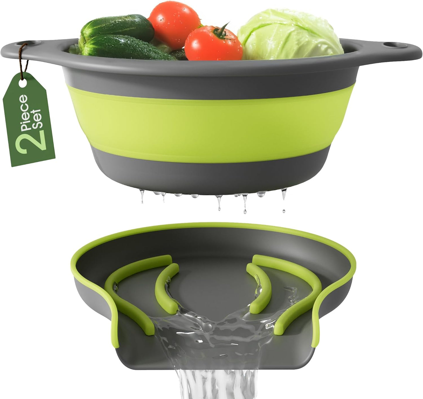Large Collapsible Colander with Self Draining Base - 5Qt Side Drain Food Strainer for Edge of Kitchen Sink, Green (2 Piece Set)