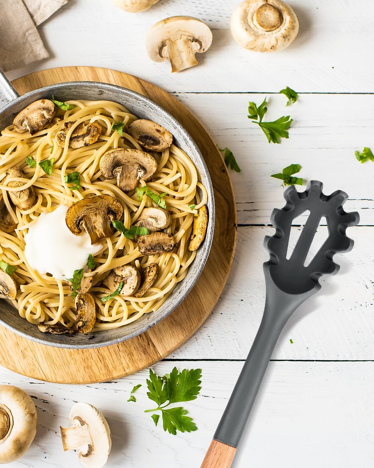 Silicone Pasta Fork, Kitchen Heat Resistant Noodle Spoon Server, BPA Free Spaghetti Strainer,12.8 inch (Grey)