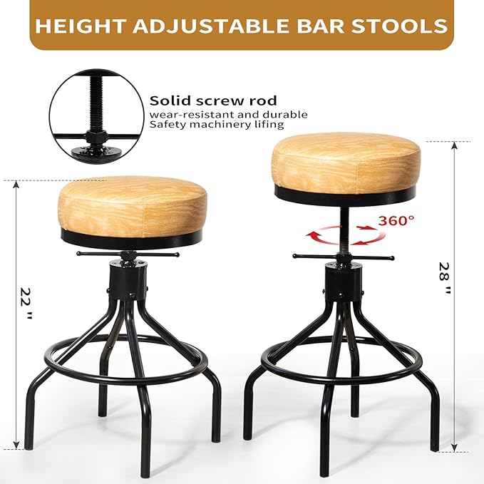 Swivel Bar Stools Set of 2 Adjustable Swivel Round Barstools Modern PU Leather 28inch Backless Counter Height Stool Metal Industrial Bar Chair for Kitchen Island (2, Ash Wood PU Leather)
