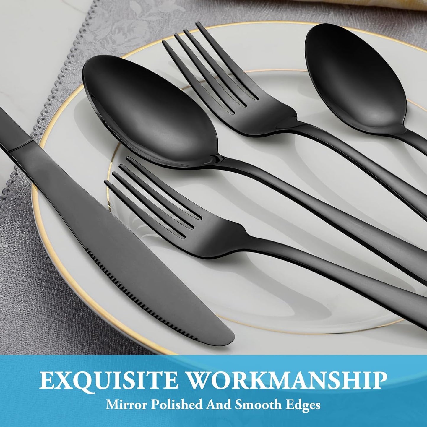 60 Pcs Black Silverware Set, Stainless Steel Flatware Set Service for 12, Mirror Polished Cutlery Utensil Set, Durable Home Kitchen Eating Tableware Set, Include Fork Knife Spoon Set, Dishwasher Safe