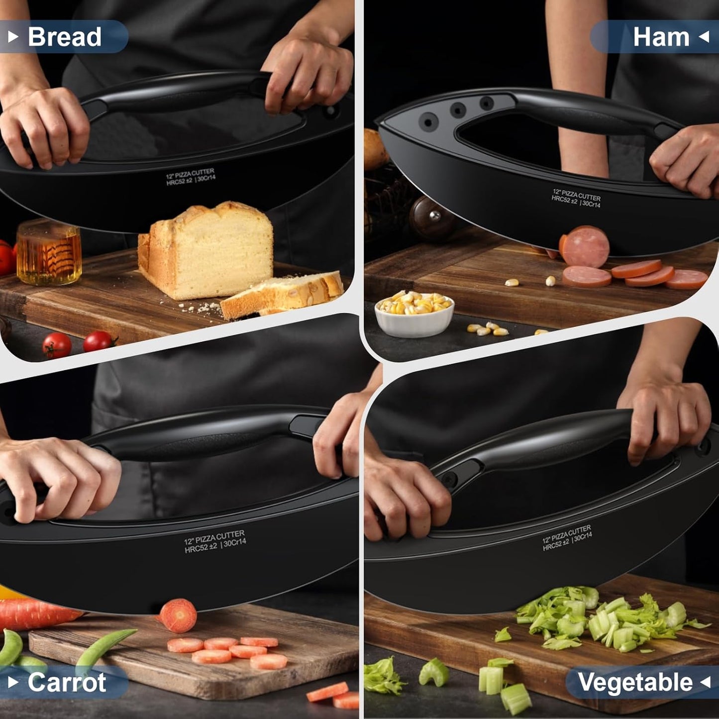 AILUROPODA 12-Inch Pizza Rocker Blade Cutter, Stainless Steel with Protective Cover, Black