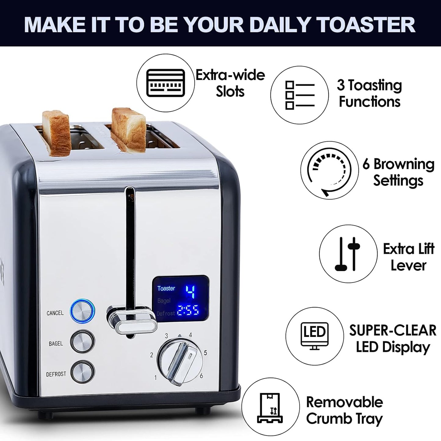 CUSIMAX 2 Slice Stainless Steel Toaster With Large LED Display, 1.5'' Extra-Wide Slots, 6 Browning Settings, Cancel/Bagel/Defrost Function, Removable Crumb Tray, Black