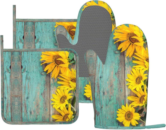 Sunflower Teal Wood Oven Mitts Pot Holders Set Silicone Kitchen Oven Mitts Heat Resistant Farmhouse Potholders Non-Slip 4pcs Hot Pads and Oven Gloves Sets for Baking,Cooking,BBQ,Grilling