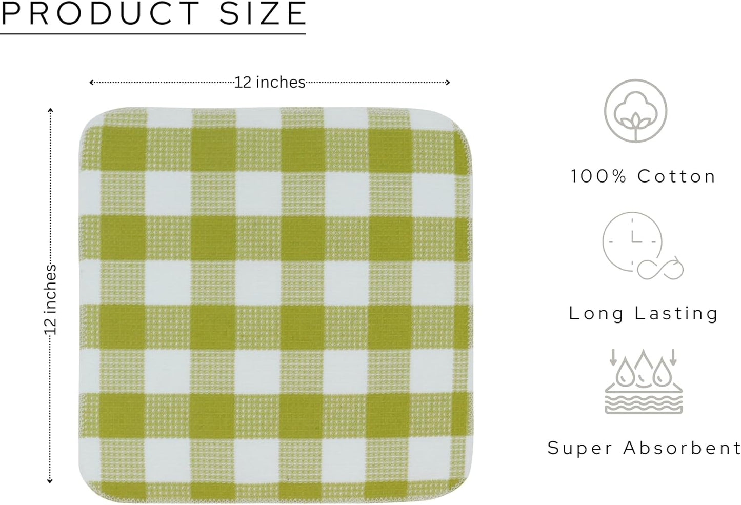 Waffle Weave Plaid Dish Cloths, 100% Cotton - 12 x 12 Inches, Ultra Soft Absorbent Quick Drying Dish Towels Buffalo Check Dish Rags for Kitchen, 6 Pack - Spring Summer - Light Green and White