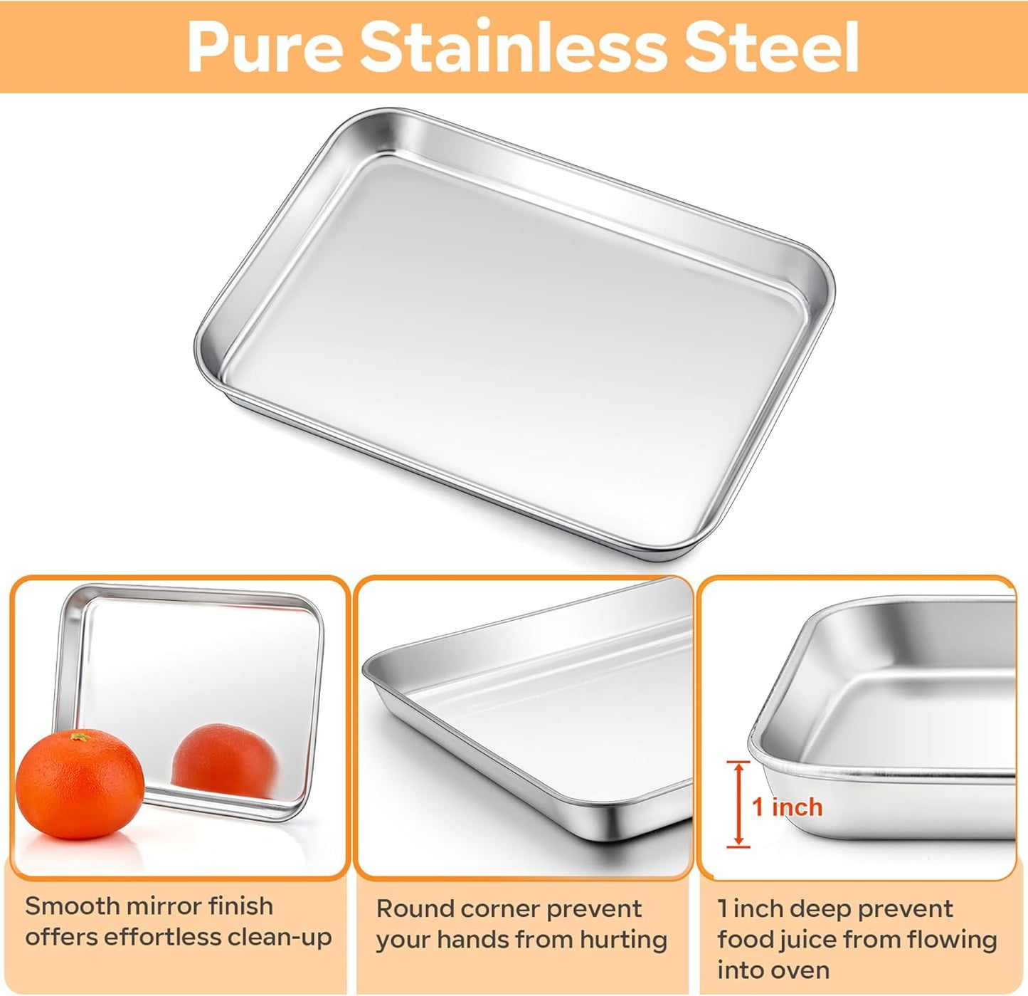 TeamFar Toaster Oven Pan with Rack Set, 10.5 x 8 x 1 Inch Stainless Steel Small Baking Pan Tray with Grid Rack for Baking Roasting Cooling, Non-Toxic & Heavy-Duty, Dishwasher Safe, (2 Pans + 2 Racks)