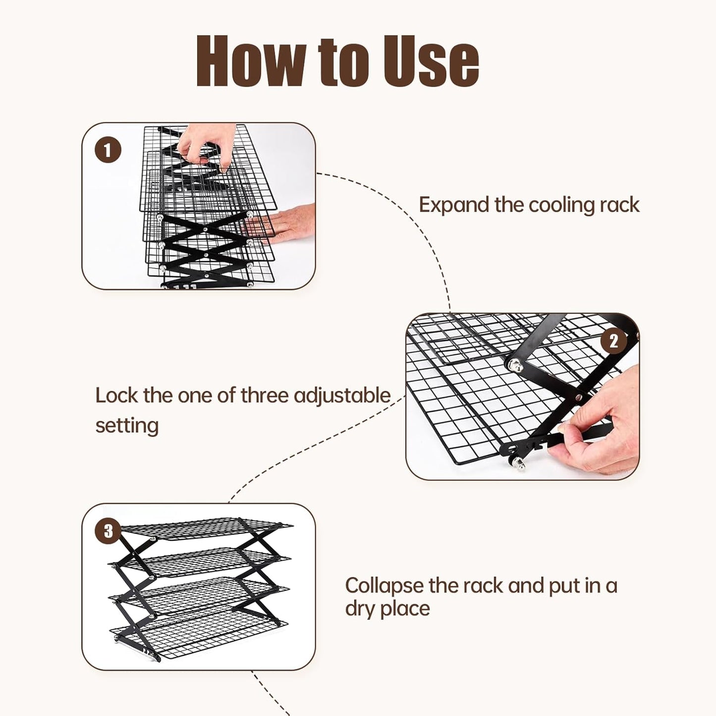 4-Tier Collapsible Cooling Rack – 16" x 10" Adjustable Stackable Non-Stick Wire Rack for Baking, Roasting, Cookies, Cakes, Drying, Picnic & BBQ, Each Tier Holds 22 Lbs
