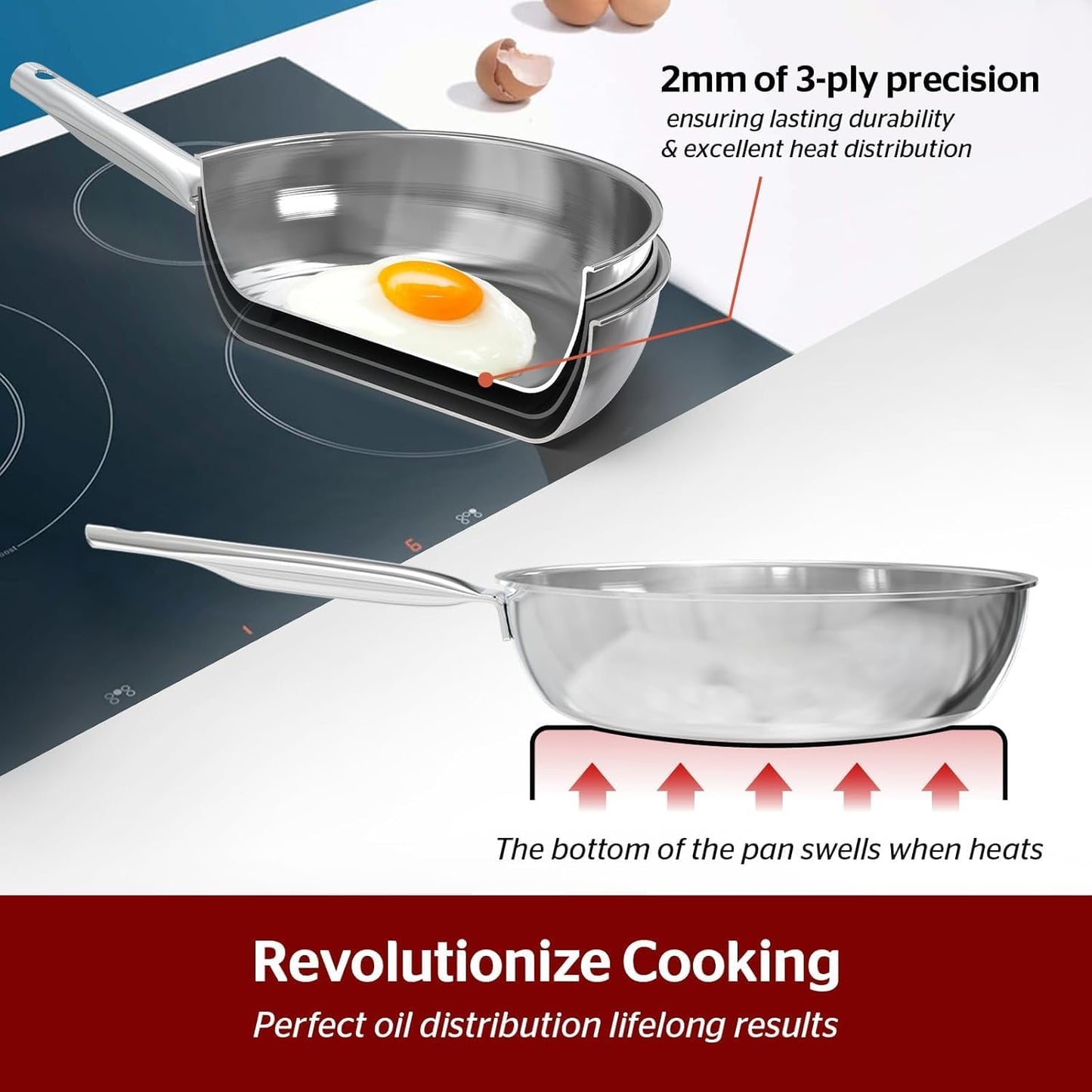 Sunhouse 18/10 10 Inch Stainless Steel Frying Pan, Whole-Clad No Coatings Skillet with Stay-cool Handle for Cooking, Durable & Oven Safe to 500°F, Dishwasher Safe, Compatible with All Cooktops