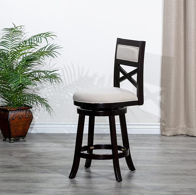 DTY Indoor Living Meeker X Back Fabric Swivel Stool, 30” Bar Height, Espresso Finish, Beige Fabric Seat