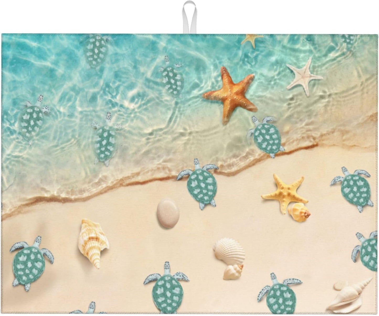 Sea Turtles Beach Dish Drying Mat for Kitchen Counter Cute Drying Pad 18x24 Inch Teal Nautical Decor Absorbent Reversible Dish Drainer Rack Mats