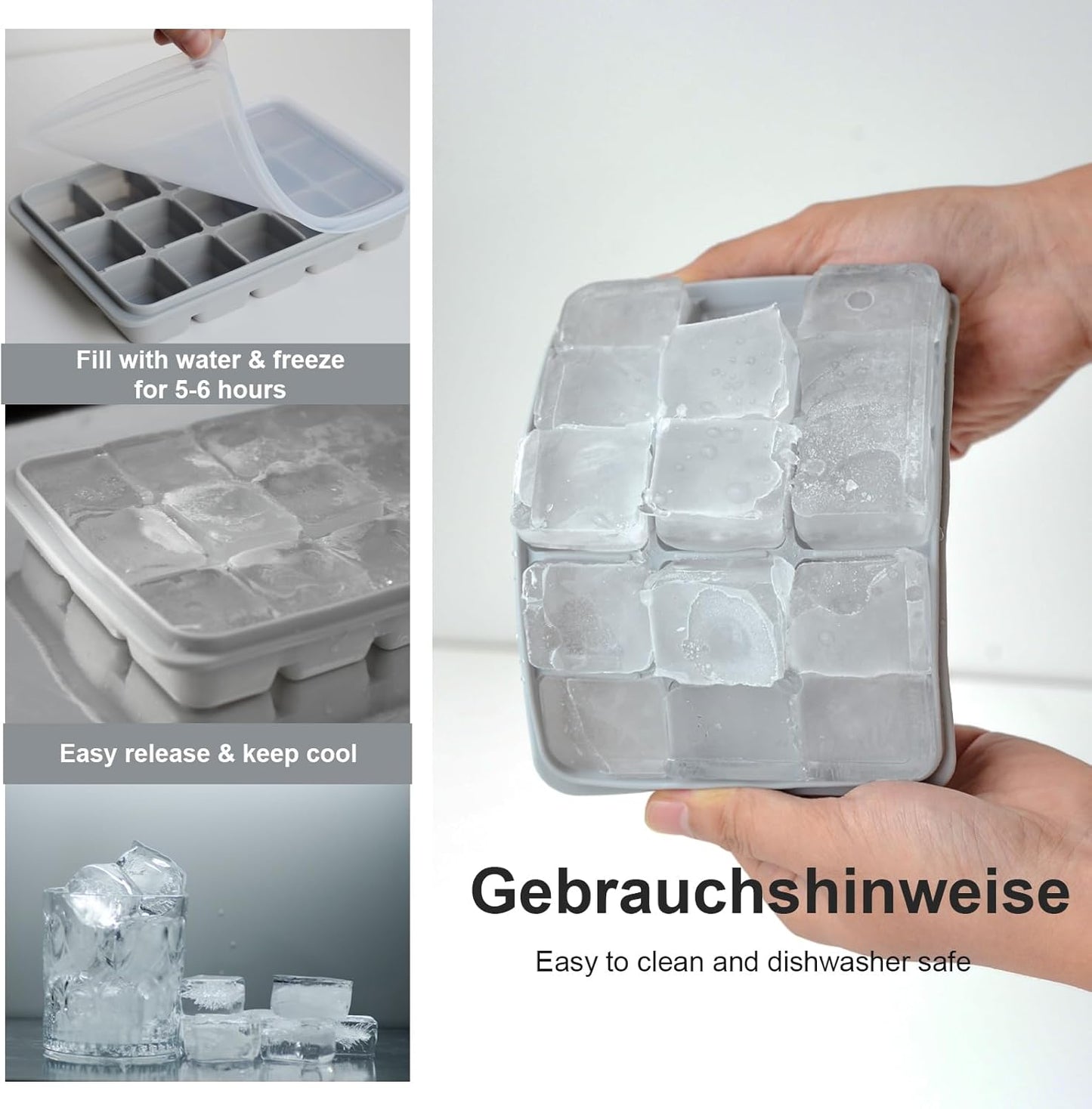 Ice Cube Trays Set of 3, Easy Release 15 Flexible Silicone Ice Cube Molds with Removable Lid Reusable Freezer Ice Trays Stackable for Whiskey, Baby Food, Green+Blue+Grey