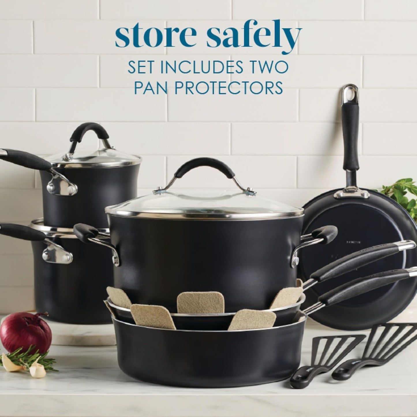 Rachael Ray Cucina Ceramic Cookware Set - 13 Pieces - Ceramic Pots and Pans Set w/Nonstick Frying Pans, Saute Pan, Saucepans, Stockpot, Lids, Pan Protectors & Cooking Utensils - Peppercorn