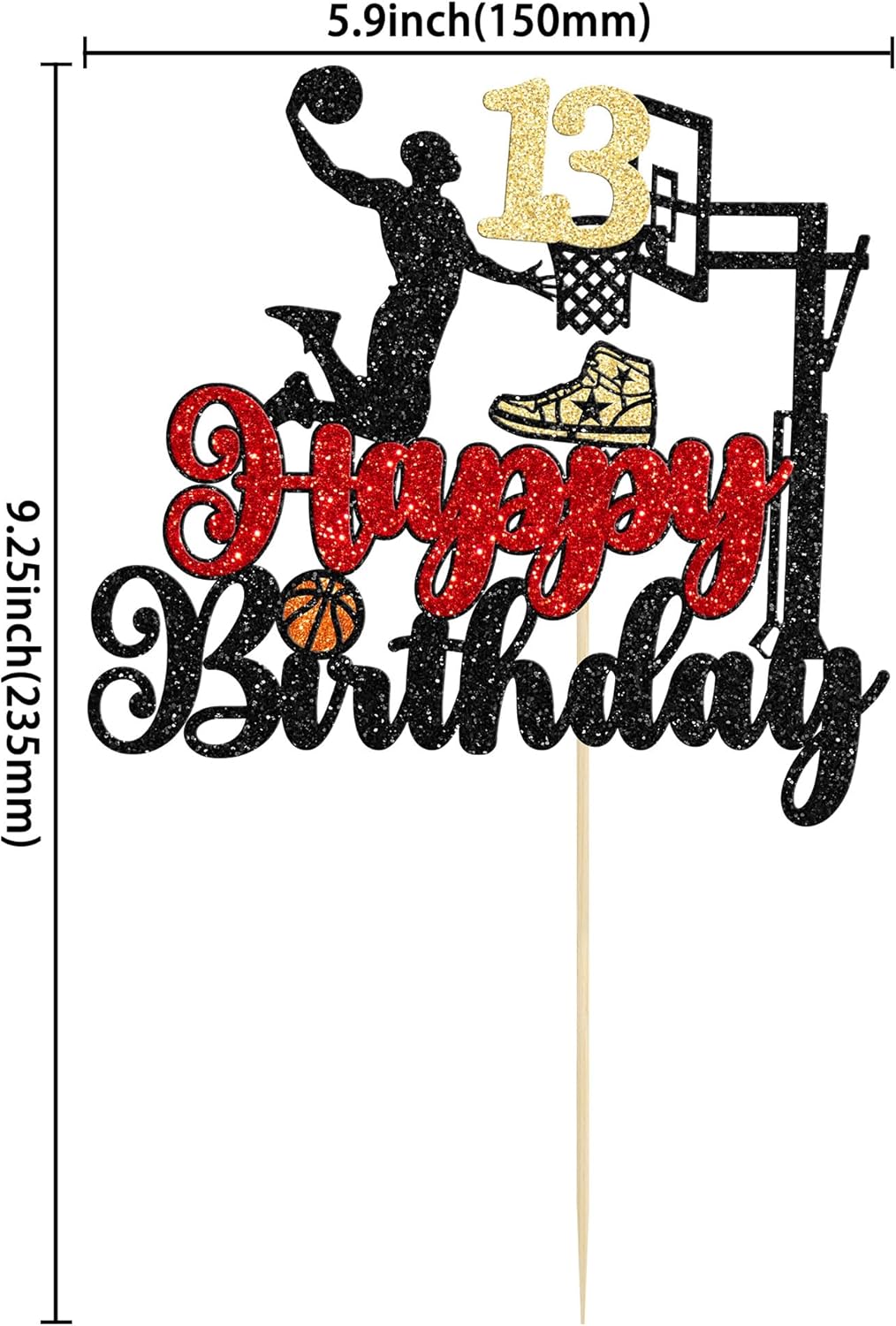1Pc Happy 13th Birthday Basketball Cake Topper Glitter Basketball Sports Cake Pick Cheers to 13 Years Birthday Cake Decoration for 13th Party Supplies Black