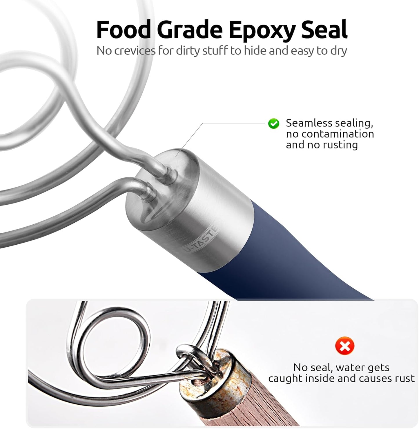 U-Taste 12.6" Danish Dough Whisk: 18/8 Stainless Steel Heavy-Duty Sourdough Mixer Tool, Food Grade Dutch Style Seamless Bread Wisk, Sturdy for Mixing, Stirring, Kneading Thick Batter (Midnight Blue)