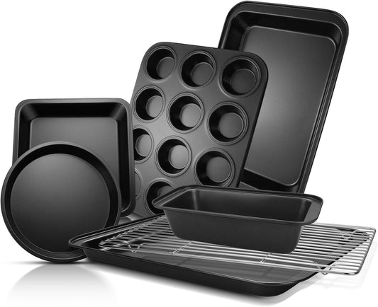 EWFEN Bakeware Sets, Baking Pans Set, Nonstick Oven Pan for Kitchen with Wider Grips, 7-Piece with Round/Square Cake Pan, Loaf Pan, Muffin Pan, Cookie Sheet, Roast Pan, Cooling Rack, Carbon Steel Bake