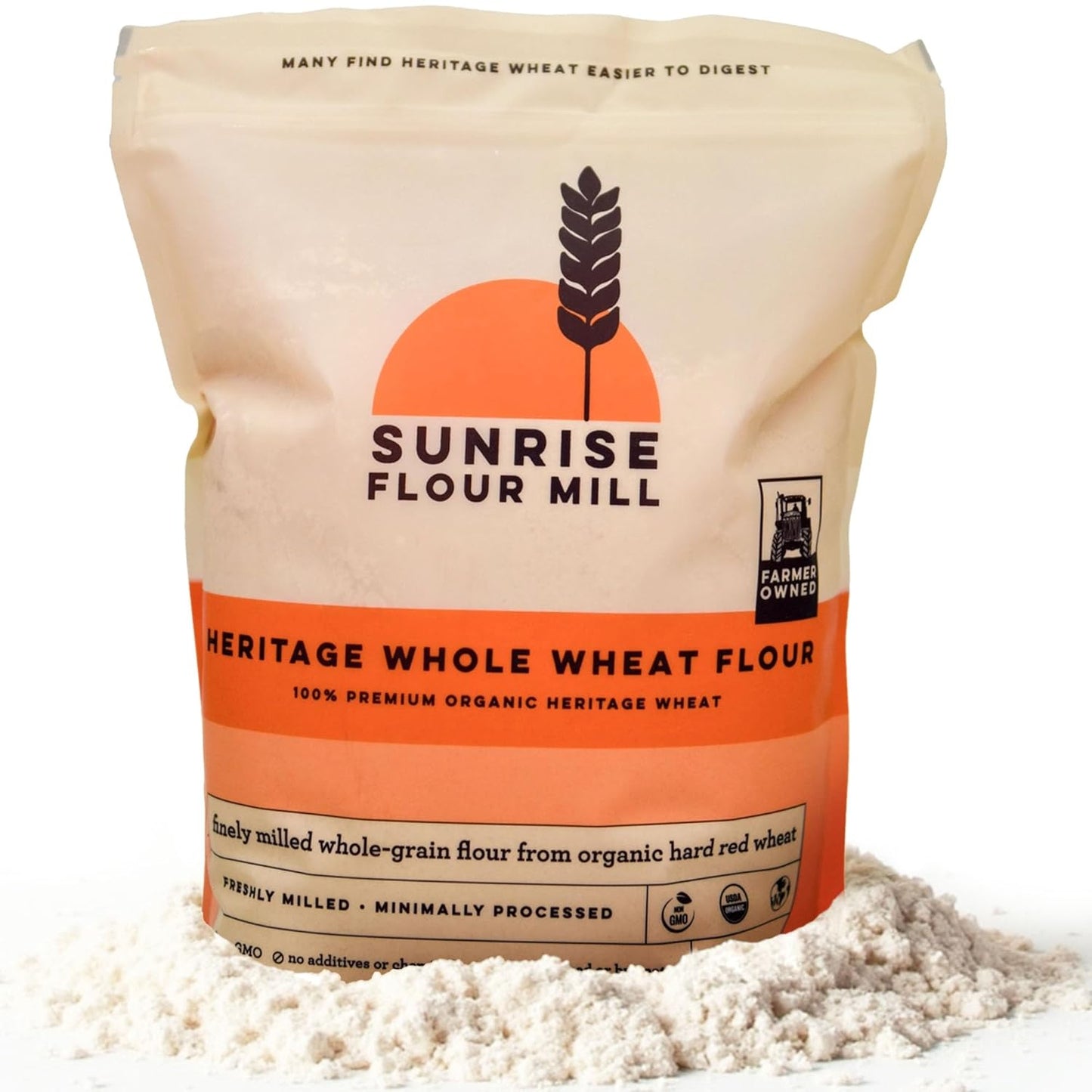 Sunrise Flour Mill Organic Heritage Whole Wheat Flour - 2 lbs | Easier to Digest with Less Bloating | No Bleaching or Bromating | Zero Additives