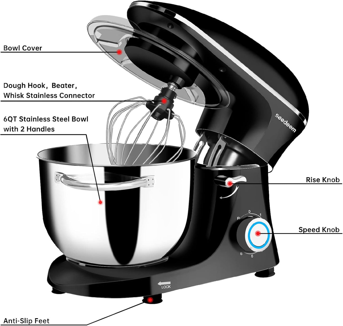 Seedeem Stand Mixer, 6Qt Electric Food Mixer, 660W 6-Speeds Tilt-Head Dough Mixers with Dishwasher-Safe Dough Hook, Wire Whip & Beater for Daily Use, Black