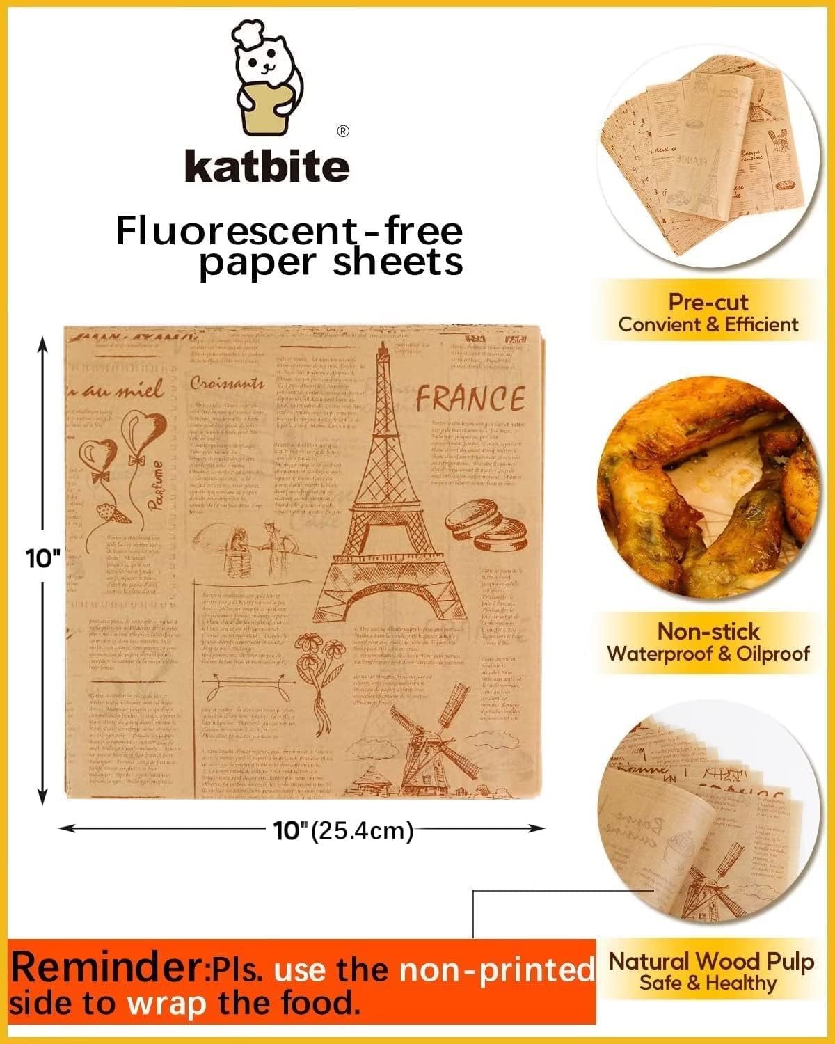 Katbite 130Pcs 10 Inch Sandwich Wrapping Paper, Heavy duty Deli Paper, Greaseproof & Non-stick Parchment Paper, Pre-cut Unbleached Parchment Paper is Perfect for Wrap Bread, Burger and Sandwich