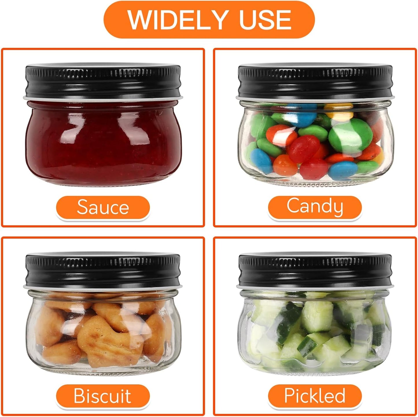 4 oz Mason Jars With Black Lid, 24 Pack Regular Mouth Canning Jars for Jam, Honey, Yogurt, Spices, Snacks, DIY Projects, Wedding Favors- Includes 30 Stickers