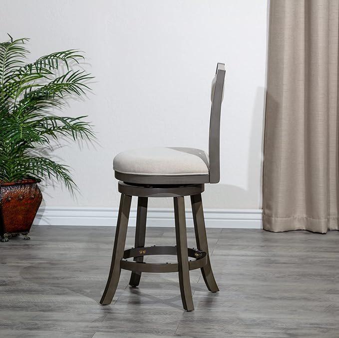 DTY Indoor Living Meeker 24 Inch Counter Height Bar Stools with Backs - Wooden Swivel Counter Stools for Kitchen Island - Beige Fabric Seat, Solid Wood Frame, Weathered Gray Finish