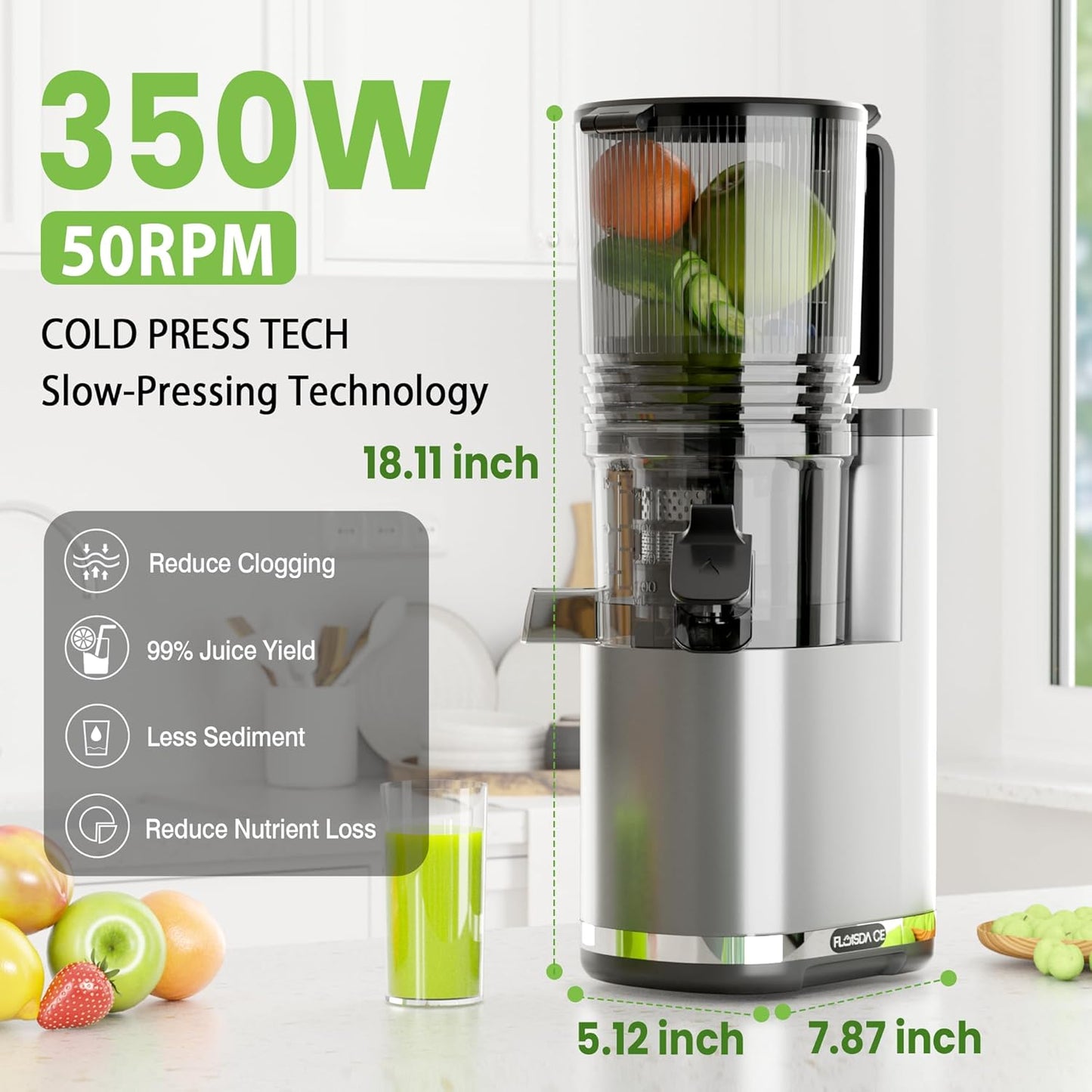 Cold Press Juicer, 6.5" Extra Large Feed Chute Juicer Machines, Hands-Free 350W Slow Masticating Juicer Machines with High Juice Yield for Whole Vegetables & Fruits, BPA Free, Silver