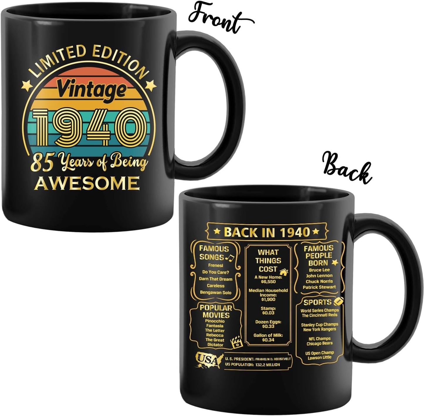 QUPT 85th Birthday Gifts for Women Men, 85th Birthday Gifts for Him, 1940 Birthday Gifts for Women Men, 85 Years Old Gifts, 1940 Birthday Gifts for Her Him, 85th Birthday Presents Coffee Mug