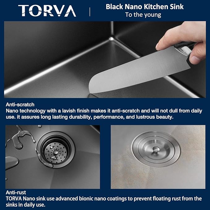 TORVA 32 x 19 Inch Gloss Black Ceramic Coating with NanoTek Undermount Kitchen Sink,PVD Coated Gunmetal Sink, 16 Gauge Stainless Steel Wet Bar or Prep Sinks Single Bowl, Dark Gray